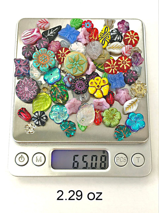 65 g Glasperlen-Mix, Blumen und Blätter, Tschechisches Glas (Mix Beads)