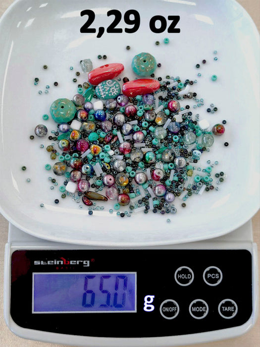 65 g Glasperlen-Mix, Türkis mit einem Hauch, Tschechisches Glas (Unique Mix of Czech Glass Beads)