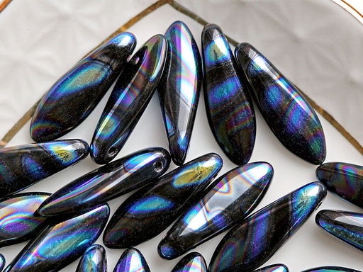 25 pcs Dolchperlen 5 x 16 mm, Schwarz Zebra AB, Tschechisches Glas (Dagger Beads)