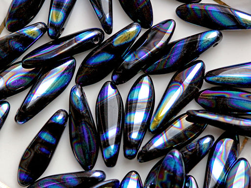 25 pcs Dolchperlen 5 x 16 mm, Schwarz Zebra AB, Tschechisches Glas (Dagger Beads)