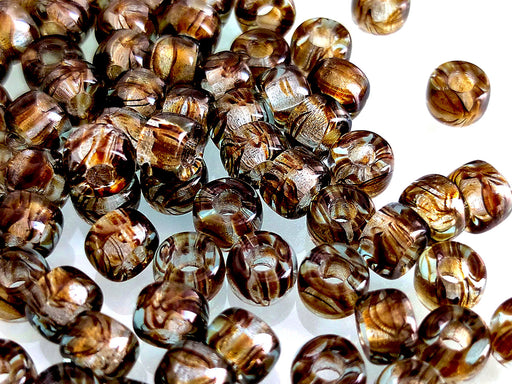 20 g Gepresste Rocailles 6 mm, Kristall mit braunen Streifen, Tschechisches Glas (Pressed Seed Beads)