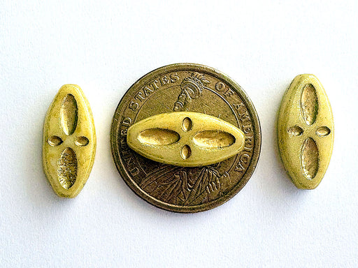 3 pcs Schiffchenperlen mit Augenmuster, 20x9 mm, Alabaster Milchig-Beige mit Goldeffekt, Tschechisches Glas (Eyed Ship Beads)