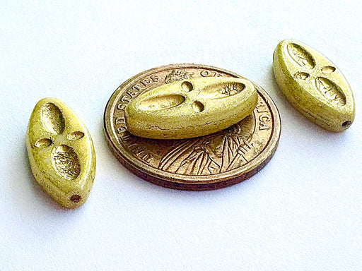 3 pcs Schiffchenperlen mit Augenmuster, 20x9 mm, Alabaster Milchig-Beige mit Goldeffekt, Tschechisches Glas (Eyed Ship Beads)
