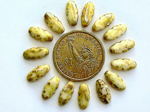 15 pcs Gezackte Dolchperlen, 6x13 mm, Alabaster Picasso, Tschechisches Glas (Serrated Dagger Beads)