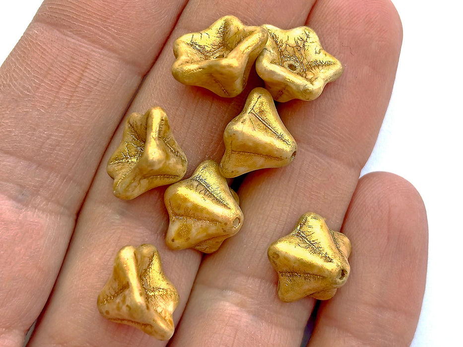7 pcs Blumenperlen in Petunienform, 8x13 mm, Alabaster Kräuter & Gewürze Curry, Tschechisches Glas (Petunia Flower Beads)