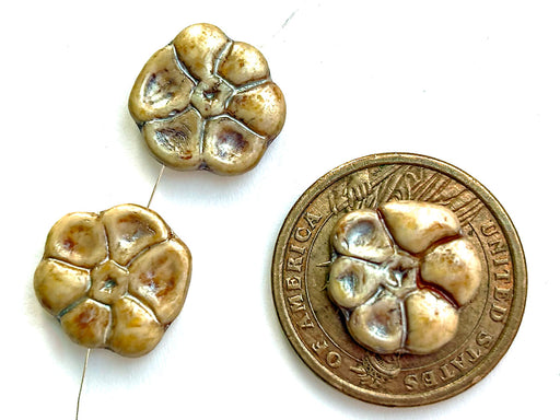 3 pcs Schlüsselblumen-Blütenperlen, 15 mm, Alabaster Kräuter & Gewürze Kümmel, Tschechisches Glas (Primrose Flower Beads)