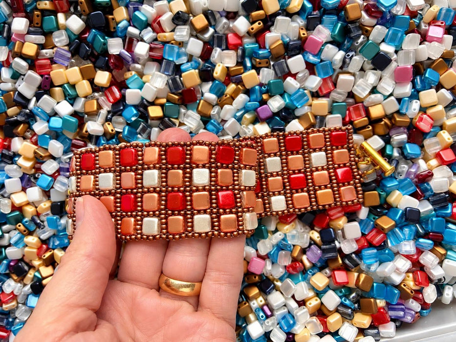 150 St. Gepresste Glasperlen Tile 6x6x2,9 mm, 2-Loch, Mischen, Tschechisches Glas (Tile Beads)