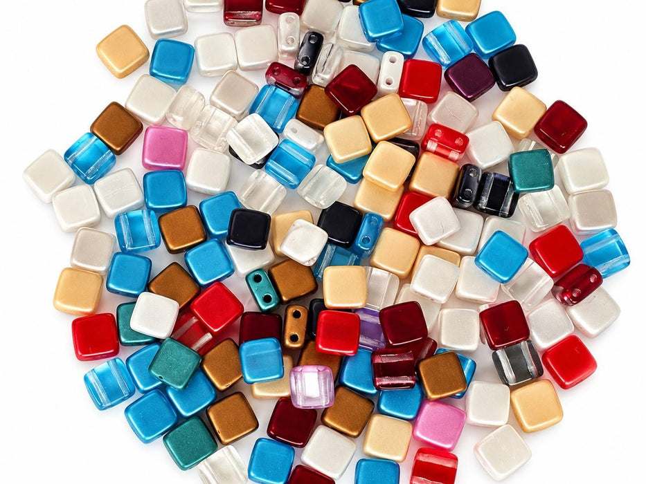 150 St. Gepresste Glasperlen Tile 6x6x2,9 mm, 2-Loch, Mischen, Tschechisches Glas (Tile Beads)
