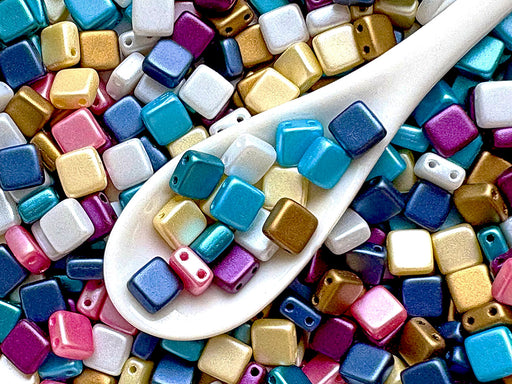 150 St. Gepresste Glasperlen Tile 6x6x2,9 mm, 2-Loch, Mischen, Tschechisches Glas (Tile Beads)