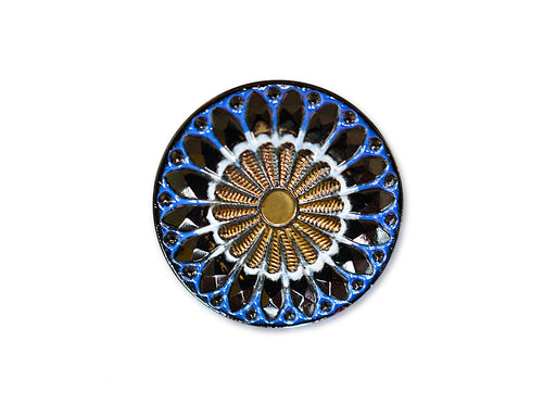 1 St. Tschechischer Glascabochon, Schwarz, blaue und weiße Verzierung, goldene Blume, handbemalt, Größe 10 (22.5 mm)