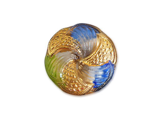 1 St. Tschechischer Glascabochon, Gold, blaue und grüne Verzierung, handbemalt, Größe 10 (22.5 mm)