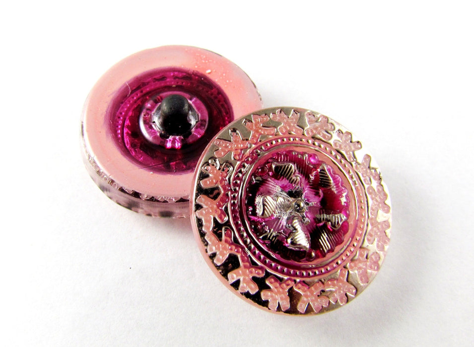 1 St. Tschechischer Glasknopf, Rosa-Silber, handbemalt, Size 10 (22.5 mm)