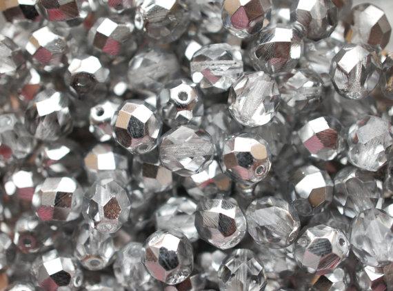 10 St. Fire Polished facettierte Glasperlen rund 10mm, Kristall Silber, Tschechisches Glas