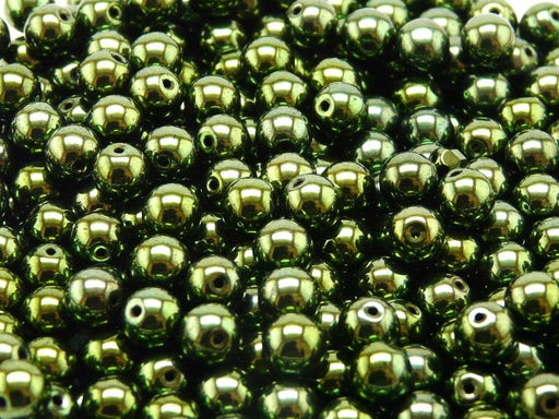 50 St. Runde Gepresste Perlen 6mm, Böhmisches Glas, Jet Grün Lustre