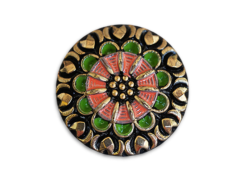 1 St. Tschechischer Glascabochon, Schwarz, goldene, grüne und rosa Verzierung handbemalt, Größe 12 (27 mm)