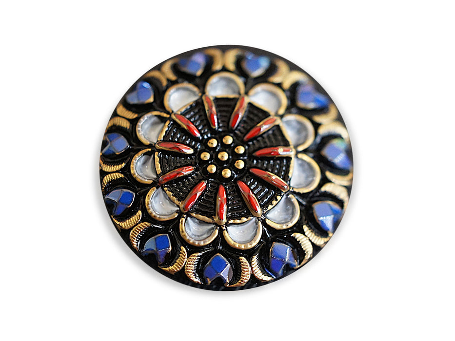 1 St. Tschechischer Glascabochon, Schwarz, blaue, goldene, weiße und rote Verzierung, handbemalt, Größe 12 (27 mm)