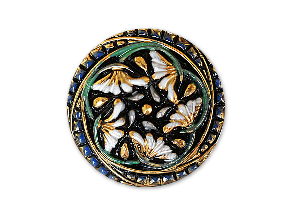 1 St. Tschechischer Glascabochon, Schwarz, Gold, Blau mit Blumen, handbemalt, Größe 12 (27 mm)
