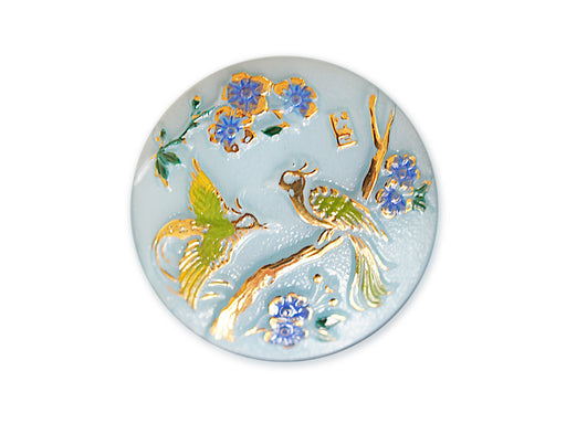1 St. Tschechischer Glascabochon, Hellblau, blaue Blumen, Vögel, handbemalt, Größe 12 (27 mm)