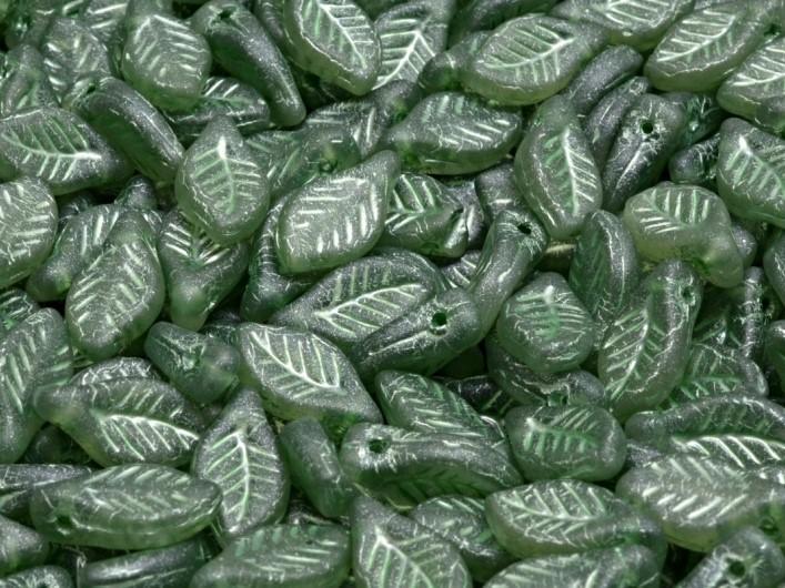 Lorbeerblattperlen 6x12 mm Kristall matt Entenbraun mit grünem Muster Tschechisches Glas Farbe_Green