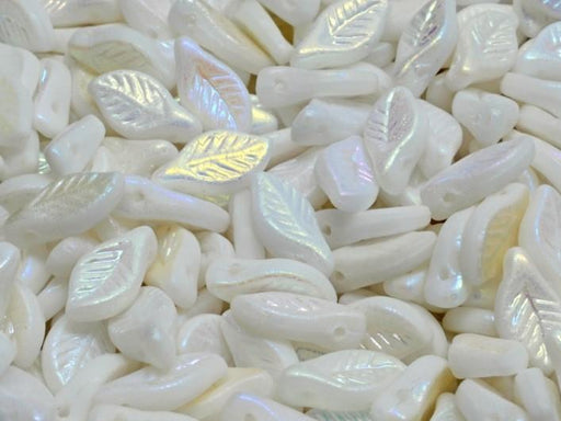 Lorbeerblattperlen 6x12 mm Alabaster matt voll AB Tschechisches Glas Farbe_White Farbe_ Multicolored