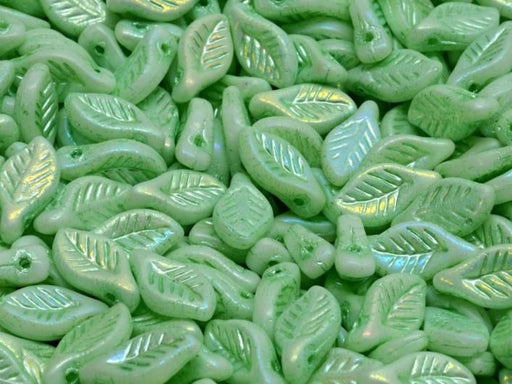 Lorbeerblattperlen 6x12 mm Alabaster matt voll AB mit grünen Verzierung Tschechisches Glas Farbe_Green