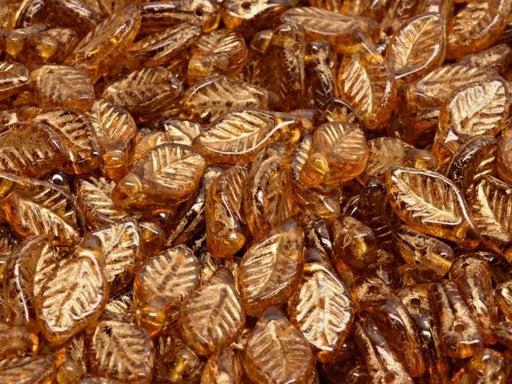 Lorbeerblattperlen 6x12 mm Dunkler Topas mit goldenen Verzierung Tschechisches Glas Farbe_Brown