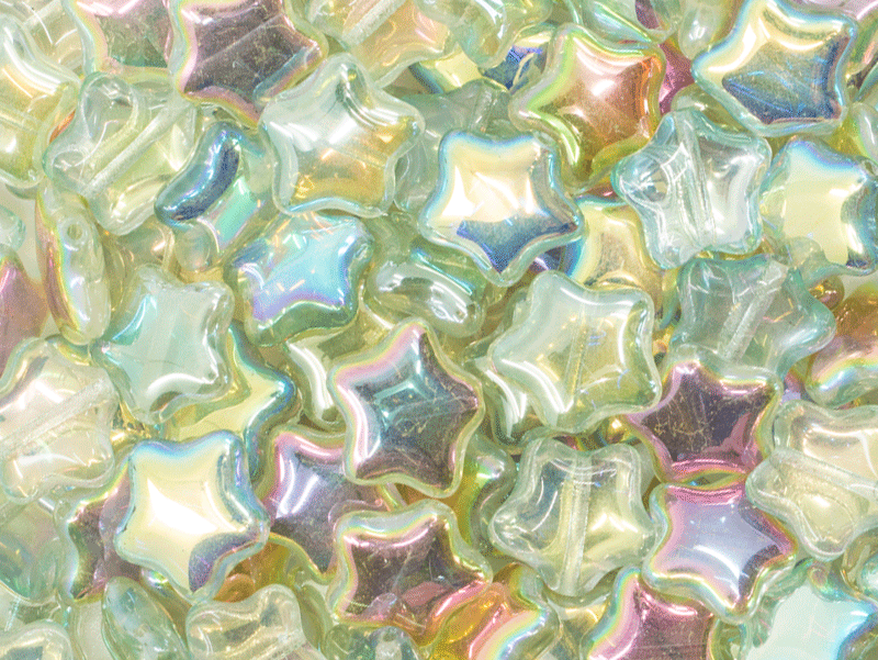 12p Sternperlen,12 mm, Tschechisches Glas, Kristall, Grün schimmernd