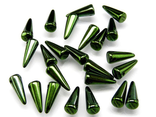 12 St. Spike Gepresste Perlen 13x5mm, Böhmische Glas, Jet Grün Luster