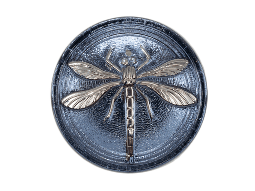 1 St. Tschechischer Glascabochon, Blue Montana, silberne Libelle (glatte Rückseite), handbemalt, Größe 14 (32 mm)
