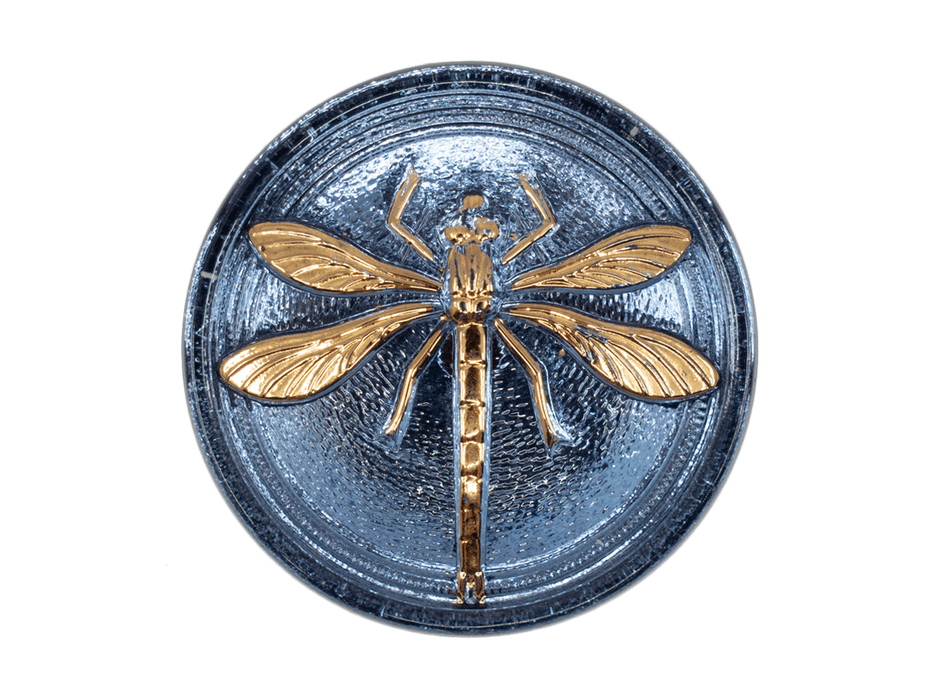 1 St. Tschechischer Glascabochon, Hellblau, goldene Libelle (glatte Rückseite), handbemalt, Größe 14 (32,32 mm)