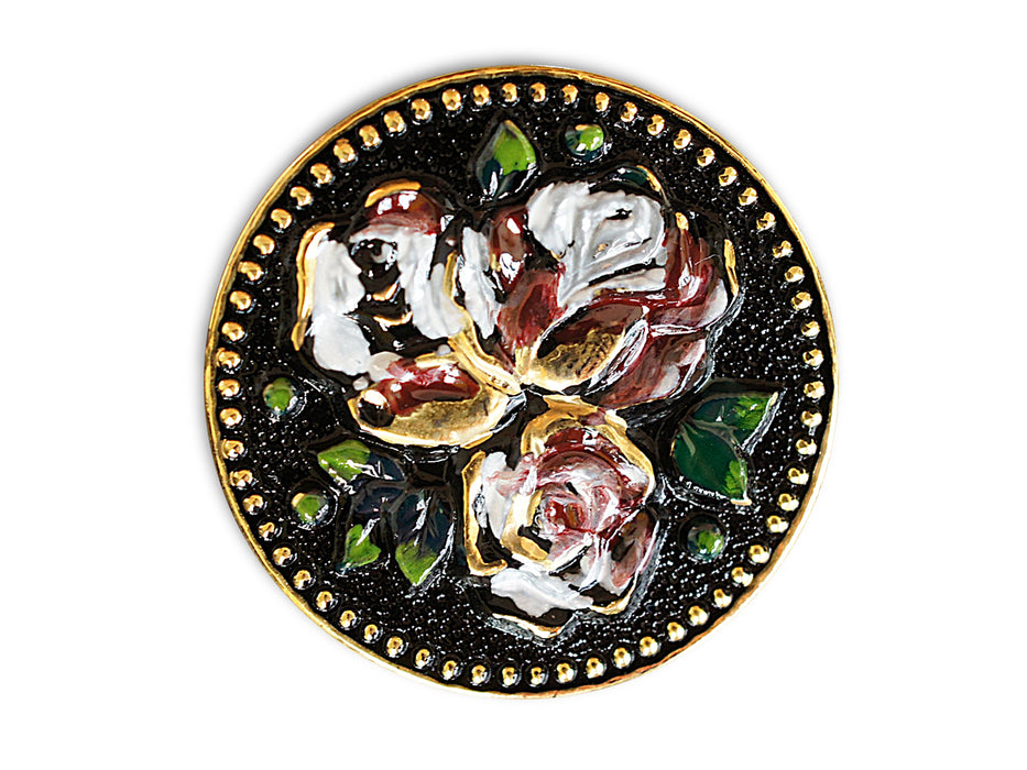 1 St. Tschechischer Glascabochon, Schwarz und Gold, mit Blumen, handbemalt, Größe 14 (32 mm)