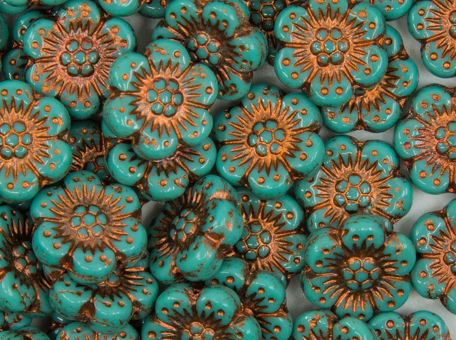 12 St. Blume Perlen 14mm, Tschechische Glas, Opak Türkisgrün mit Bronzefarbener Farbe