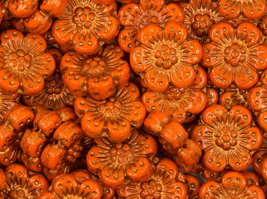 12 St. Blume Perlen 14mm, Tschechische Glas, Undurchsichtige Orange mit Bronzefarbener Farbe