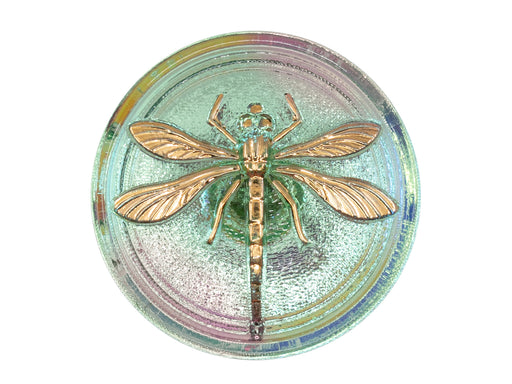 1 St. Tschechischer Glascabochon, Transparent, Gelbgrün, silberne Libelle, handbemalt, Größe 14 (32 mm)