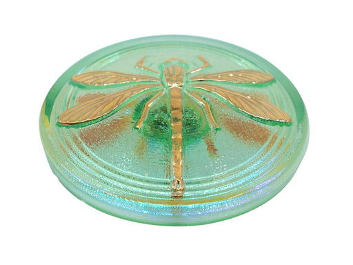 1 St. Tschechischer Glascabochon, Transparent, Gelbgrün, silberne Libelle, handbemalt, Größe 14 (32 mm)