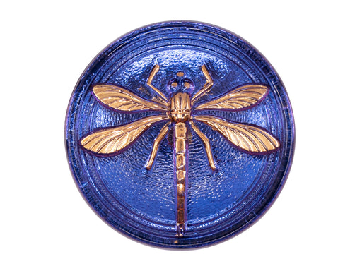 1 St. Tschechischer Glascabochon, Glasmalerei Blau-Lila, goldene Libelle (glatte Rückseite), handbemalt, Größe 14 (32 mm)