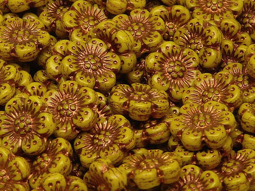 12 St. Blume Perlen 14mm, Tschechische Glas, Opak Gelb mit Bronze Fired Farbe