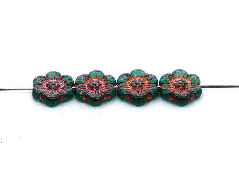 12 St. Blume Perlen 14mm, Tschechische Glas, Smaragd mit Bronzefarbener Farbe