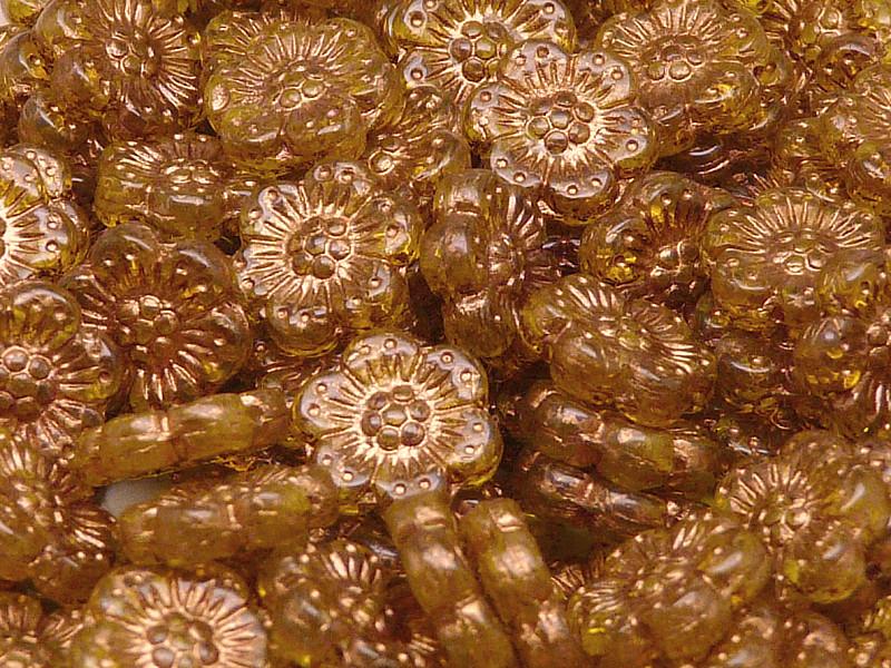 12 St. Blume Perlen 14mm, Tschechische Glas, Bernstein mit Bronzefarbener Farbe