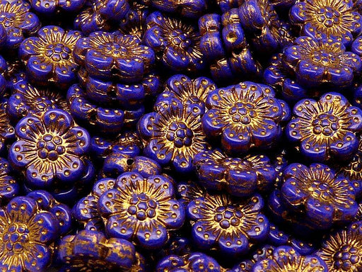 12 St. Blume Perlen 14mm, Tschechische Glas, Opaque Sapphire mit Bronzefarbener Farbe