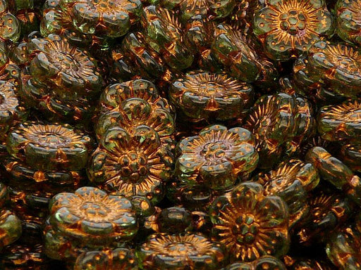 12 St. Blume Perlen 14mm, Tschechische Glas, Grüner Peridot mit Bronzefarbener Farbe
