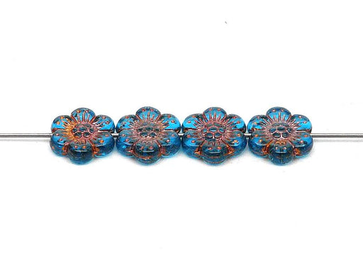 12 St. Blume Perlen 14mm, Tschechische Glas, Aquamarin mit Bronzefarbener Farbe