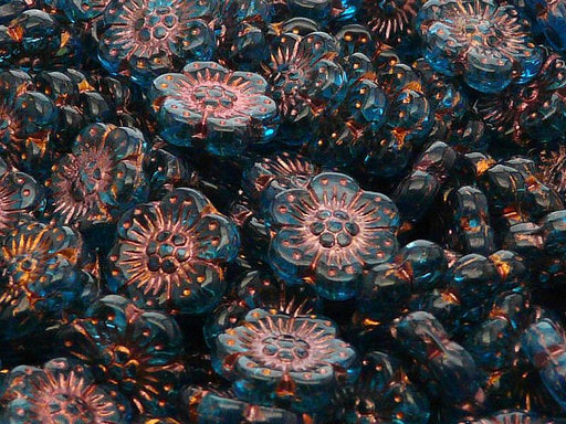 12 St. Blume Perlen 14mm, Tschechische Glas, Aquamarin mit Bronzefarbener Farbe