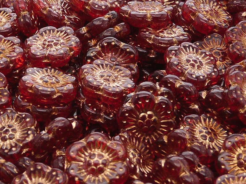 12 St. Blume Perlen 14mm, Tschechische Glas, Rubin mit Bronzefarbener Farbe