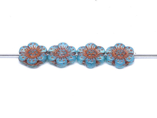 12 St. Blume Perlen 14mm, Tschechische Glas, Opal Aqua mit Bronzefarbener Farbe