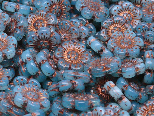 12 St. Blume Perlen 14mm, Tschechische Glas, Opal Aqua mit Bronzefarbener Farbe