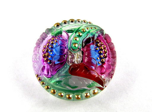 Tschechischer Glasknopf handbemalt Größe 12 (27.0 mm | 1 1/16'') Blumenmuster Rosa Lila Tschechisches Glas  Multicolored