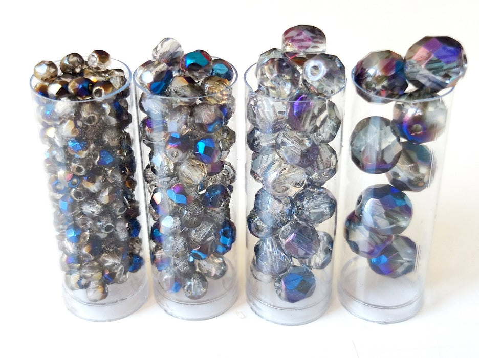1 St. Fire Polished Glasperlen Set rund 3mm, 4mm, 6mm, 8mm, Kristall, Azuro Blau glänzend, Tschechisches Glas