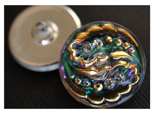 1 pc Tschechischer Glasknopf handbemalt, Größe 12 (27.0 mm | 1 1/16''), Gold. Grün, Lila mit Kristallstrassteinen, Tschechisches Glas