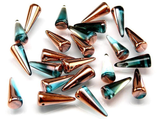 10 St. Spike Gepresste Perlen 7x17mm, Böhmische Glas, Aqua Halb Gold Capri
